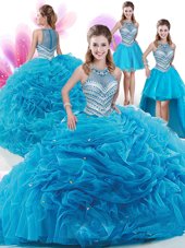 Shining Four Piece Aqua Blue Ball Gowns Ruffles and Pick Ups Sweet 16 Quinceanera Dress Zipper Organza Sleeveless With Train