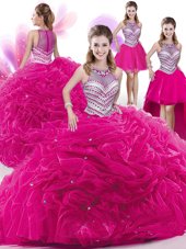 Flirting Four Piece High-neck Sleeveless 15 Quinceanera Dress Floor Length Beading and Pick Ups Hot Pink Organza