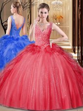 Sexy Sleeveless Tulle and Sequined Floor Length Backless Ball Gown Prom Dress in Red for with Appliques and Sequins and Pick Ups