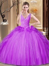 Fashion Purple Ball Gowns Tulle and Sequined V-neck Sleeveless Appliques and Ruffles and Sequins Floor Length Backless Sweet 16 Dress