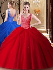 Fantastic Pick Ups Floor Length Red Vestidos de Quinceanera V-neck Sleeveless Backless
