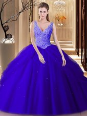 Royal Blue and Navy Blue Ball Gowns V-neck Sleeveless Tulle Floor Length Backless Lace and Appliques and Pick Ups Ball Gown Prom Dress