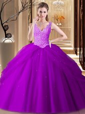 Edgy Purple V-neck Neckline Appliques and Pick Ups Quinceanera Dress Sleeveless Backless