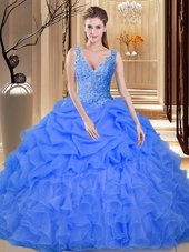 Unique Blue Sleeveless Floor Length Lace and Appliques and Ruffles and Pick Ups Backless Vestidos de Quinceanera