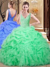 Exquisite Floor Length Backless 15th Birthday Dress Apple Green and In for Military Ball and Sweet 16 and Quinceanera with Lace and Appliques and Pick Ups