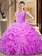Discount Backless Organza Sleeveless Floor Length 15th Birthday Dress and Lace and Ruffles and Pick Ups