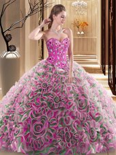 Sumptuous Brush Train Ball Gowns Sweet 16 Dresses Multi-color Sweetheart Fabric With Rolling Flowers Sleeveless With Train Lace Up