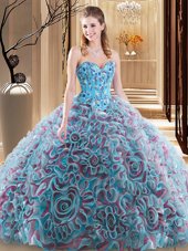 Eye-catching Multi-color Ball Gowns Sweetheart Sleeveless Fabric With Rolling Flowers With Brush Train Lace Up Embroidery and Ruffles 15 Quinceanera Dress