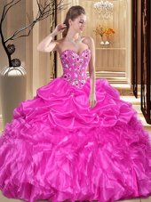 Hot Sale Organza Sleeveless Floor Length Quince Ball Gowns and Embroidery and Ruffles