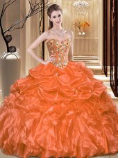 Orange Organza Lace Up Sweet 16 Quinceanera Dress Sleeveless Floor Length Embroidery and Ruffles