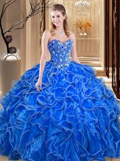 Beauteous Sleeveless Organza Floor Length Lace Up Sweet 16 Dress in Royal Blue for with Embroidery and Ruffles
