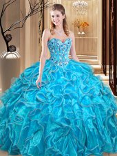 Wonderful Sweetheart Sleeveless Quince Ball Gowns Floor Length Embroidery and Ruffles Aqua Blue Organza