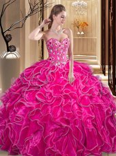 New Arrival Fuchsia Lace Up Quinceanera Gowns Embroidery and Ruffles Sleeveless Floor Length