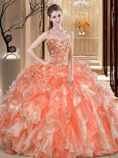 Flirting Organza Sweetheart Sleeveless Lace Up Beading and Ruffles Quinceanera Gowns in Orange