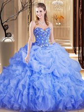 On Sale Lavender Sweetheart Lace Up Embroidery and Ruffles and Pick Ups 15th Birthday Dress Brush Train Sleeveless