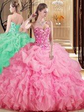 Luxurious Sleeveless Embroidery and Ruffles and Pick Ups Lace Up 15 Quinceanera Dress with Rose Pink Brush Train