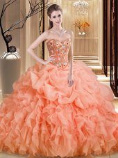 Excellent Sleeveless Organza Brush Train Lace Up Vestidos de Quinceanera in Orange for with Beading and Embroidery and Ruffles
