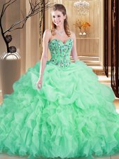 Stylish Sleeveless Embroidery and Ruffles Lace Up Quince Ball Gowns with Apple Green Brush Train