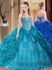 Eye-catching Teal Organza Lace Up 15 Quinceanera Dress Sleeveless Floor Length Embroidery and Pick Ups