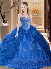 Sweet Royal Blue Sweetheart Lace Up Embroidery and Pick Ups Quinceanera Dresses Court Train Sleeveless