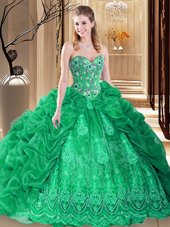 New Arrival Green Lace Up Sweetheart Embroidery and Pick Ups 15 Quinceanera Dress Organza Sleeveless Court Train
