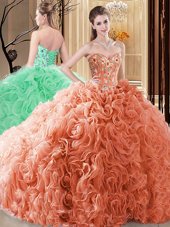 Super Fabric With Rolling Flowers Sweetheart Sleeveless Lace Up Embroidery and Ruffles 15 Quinceanera Dress in Orange
