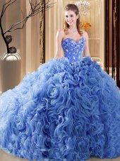 Romantic Blue Sweetheart Lace Up Embroidery and Ruffles Ball Gown Prom Dress Court Train Sleeveless