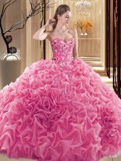 Wonderful Embroidery and Ruffles and Pick Ups Quinceanera Dress Rose Pink Lace Up Sleeveless Floor Length