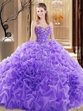 On Sale Lavender Ball Gowns Embroidery and Ruffles and Pick Ups Ball Gown Prom Dress Lace Up Fabric With Rolling Flowers Sleeveless