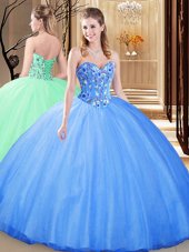 Inexpensive Tulle Sweetheart Sleeveless Lace Up Embroidery 15 Quinceanera Dress in Blue