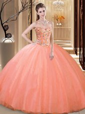 Fancy Sleeveless Tulle Floor Length Lace Up Quince Ball Gowns in Peach for with Embroidery
