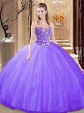 Smart Floor Length Lace Up Quinceanera Dresses Lavender and In for Prom and Military Ball and Sweet 16 and Quinceanera with Embroidery