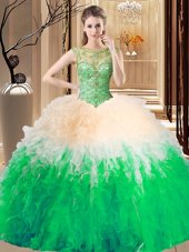 Ball Gowns Beading and Ruffles 15th Birthday Dress Backless Tulle Sleeveless Floor Length