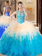 Luxurious High-neck Sleeveless Backless Quinceanera Gown Aqua Blue Tulle