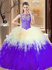 Lavender Ball Gowns Tulle High-neck Sleeveless Beading and Ruffles Floor Length Backless 15th Birthday Dress