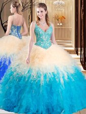 Elegant Floor Length Ball Gowns Sleeveless Aqua Blue 15th Birthday Dress Lace Up