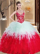 Classical Straps Straps Organza Sleeveless Floor Length Quinceanera Gowns and Appliques and Ruffles