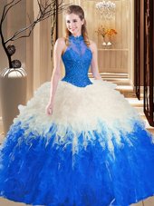 Captivating Multi-color Tulle Backless 15th Birthday Dress Sleeveless Floor Length Lace and Appliques and Ruffles