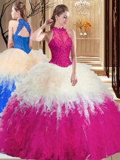 Customized Multi-color High-neck Backless Lace and Appliques and Ruffles Quinceanera Gown Sleeveless