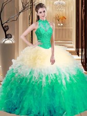 Latest Floor Length Backless Quinceanera Dress Multi-color and In for Military Ball and Sweet 16 and Quinceanera with Lace and Appliques and Ruffles