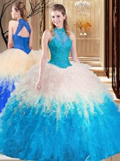 Free and Easy High-neck Sleeveless Tulle Vestidos de Quinceanera Lace and Appliques and Ruffles Backless