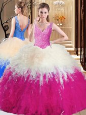 Shining Sleeveless Floor Length Lace and Appliques and Ruffles Zipper Quinceanera Gown with Multi-color