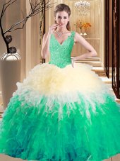 Superior Multi-color Tulle Zipper Sweet 16 Dress Sleeveless Floor Length Lace and Appliques and Ruffles