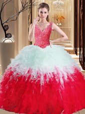 Glittering White And Red Sleeveless Lace and Appliques and Ruffles Floor Length Quinceanera Gown