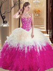 Clearance Multi-color Ball Gowns Sleeveless Tulle Floor Length Lace Up Embroidery and Ruffles 15 Quinceanera Dress