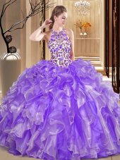 Modern Scoop Floor Length Backless Ball Gown Prom Dress Lavender and In for Military Ball and Sweet 16 and Quinceanera with Embroidery and Ruffles