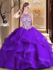 Scoop Sleeveless Tulle Sweet 16 Quinceanera Dress Embroidery Brush Train Lace Up