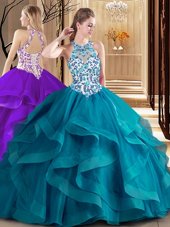 Admirable Scoop Sleeveless Brush Train Embroidery and Ruffles Lace Up Quinceanera Dress