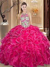 Scoop Embroidery and Ruffles Quinceanera Dress Hot Pink Backless Sleeveless Floor Length