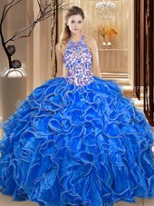 Delicate Ball Gowns Sweet 16 Quinceanera Dress Royal Blue Scoop Organza Sleeveless Floor Length Backless